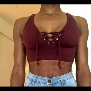 Ribbed Burgundy Tie Crop Top